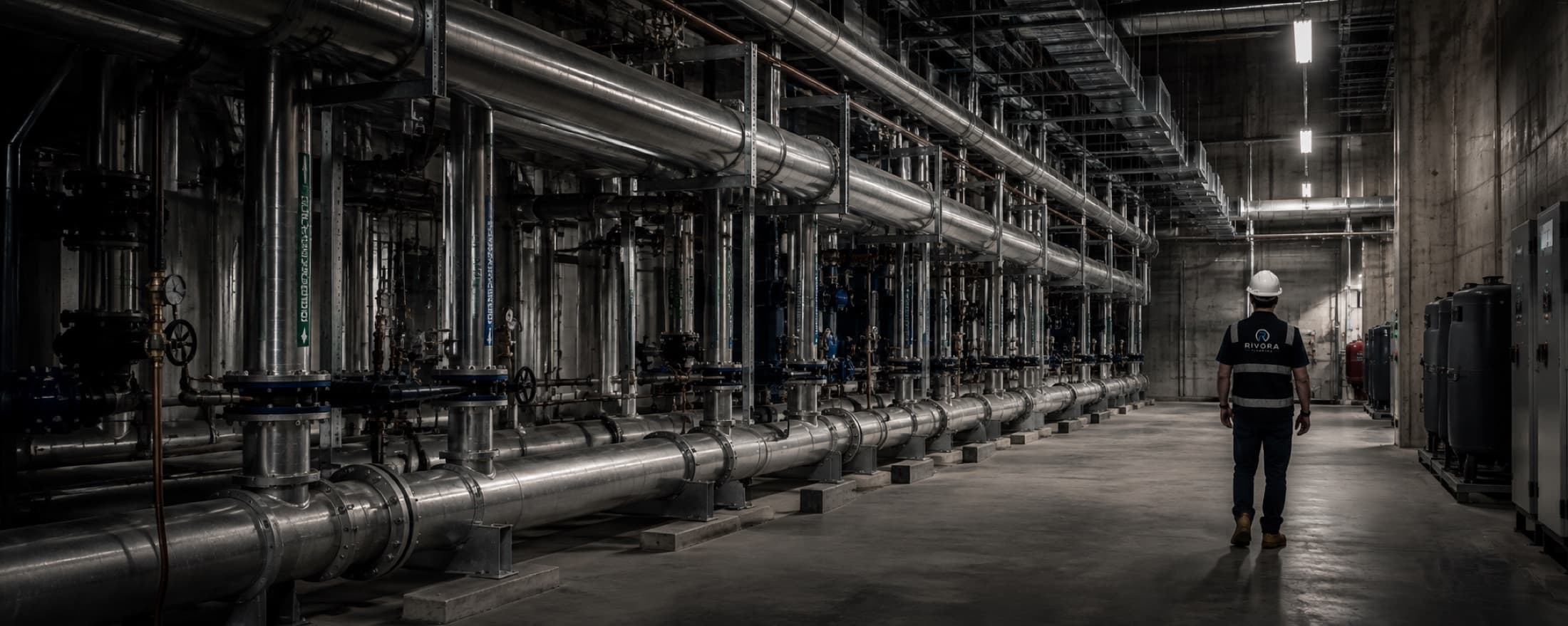Rivora Plumbing worker walking through a commercial plant room lined with pipework