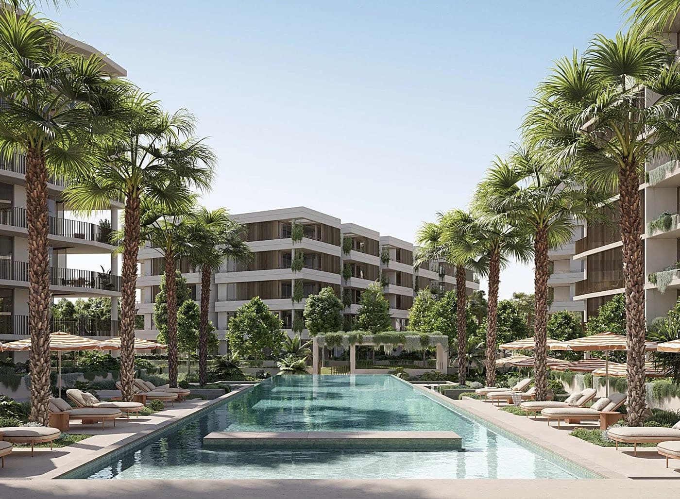 Architectural render of a landscaped pool courtyard at a premium residential development