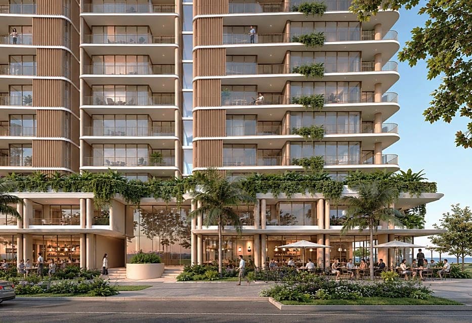 Architectural render of Rivergreen, a premium residential development facade at dusk with ground-floor dining
