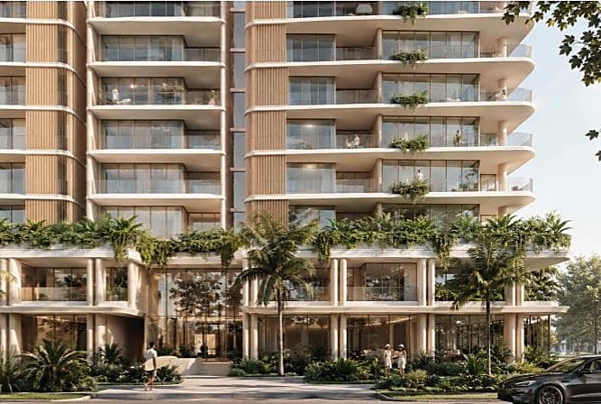 Architectural render of a residential development at street level