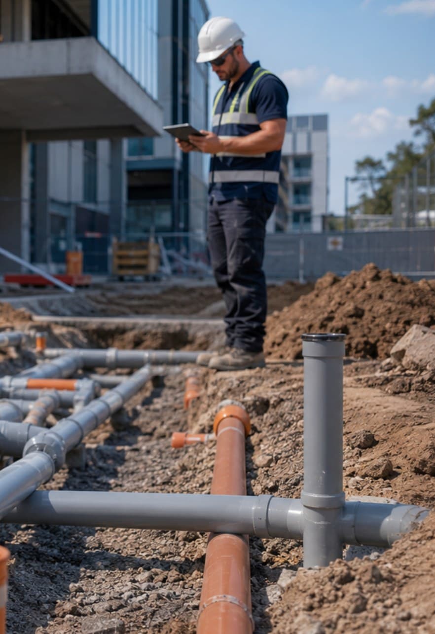 Rivora Plumbing site supervisor reviewing documentation over a below-ground drainage installation